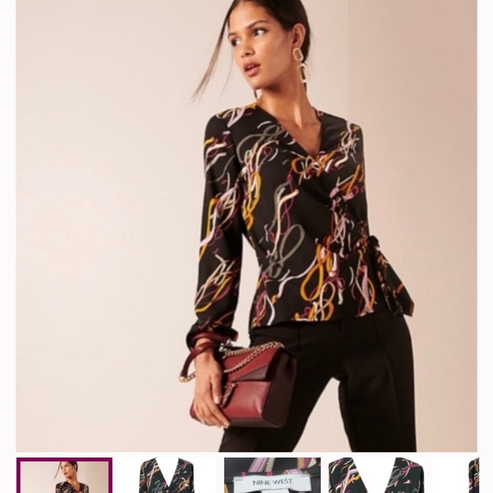 Nine West Black Multicolor Swirl wrap around top
